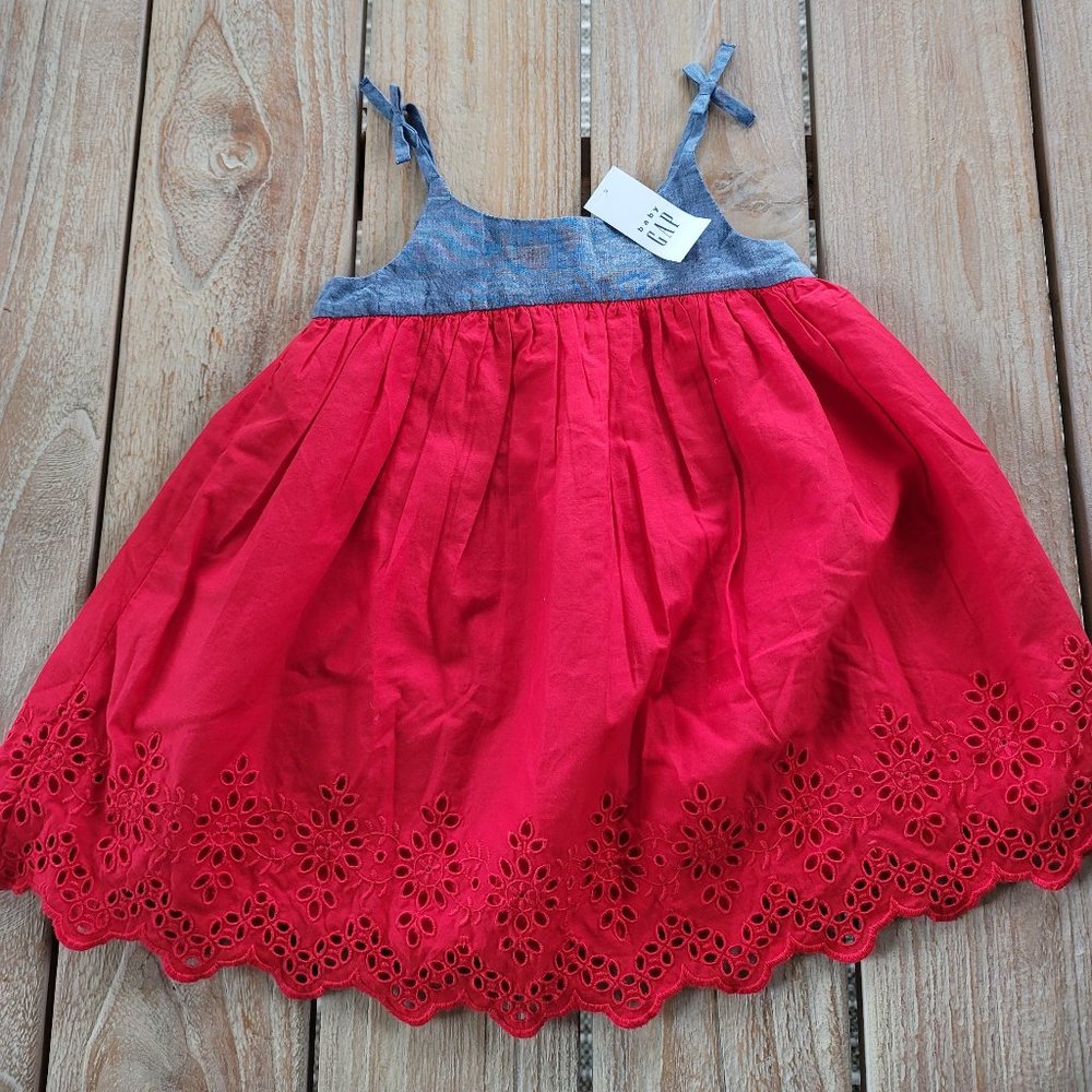 NWT Baby GAP Red Denim Eyelet Dress Summer 18-24 Mos